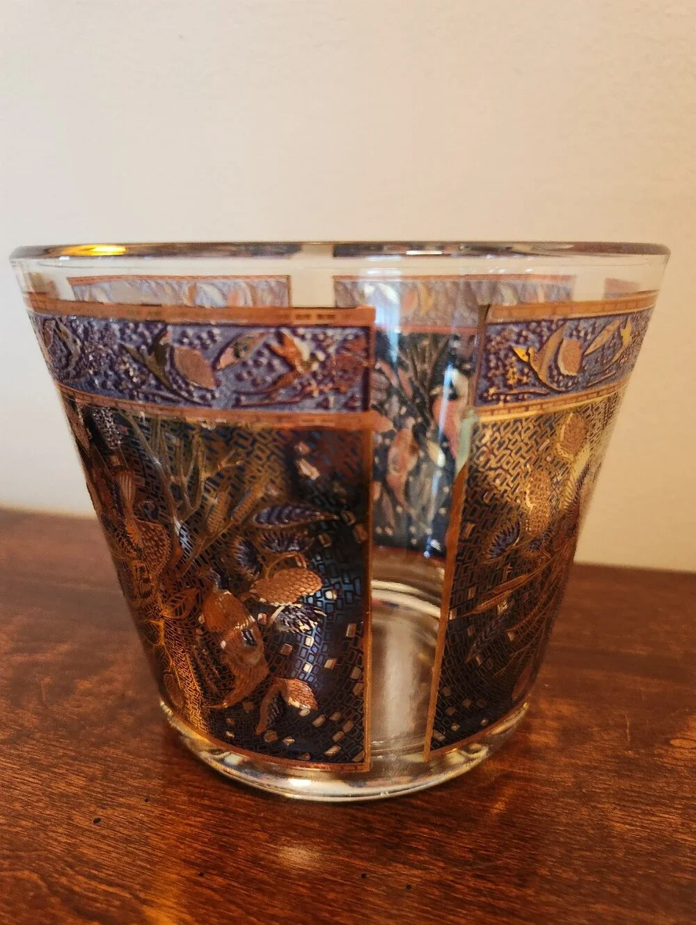 Vintage 1970s Houze Art Glass Pheasant Ice Bucket, Blue Gold Purple Cranberry 6
